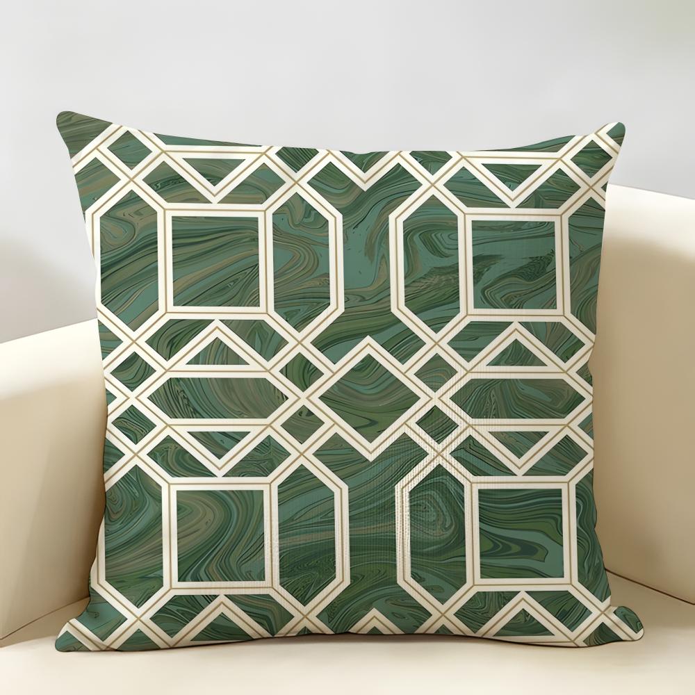 Nordic-Inspired Green Geometric Style Cushion Cover Natural Linen Organic Fabric Printing Breathable Perfect For Home Decor
