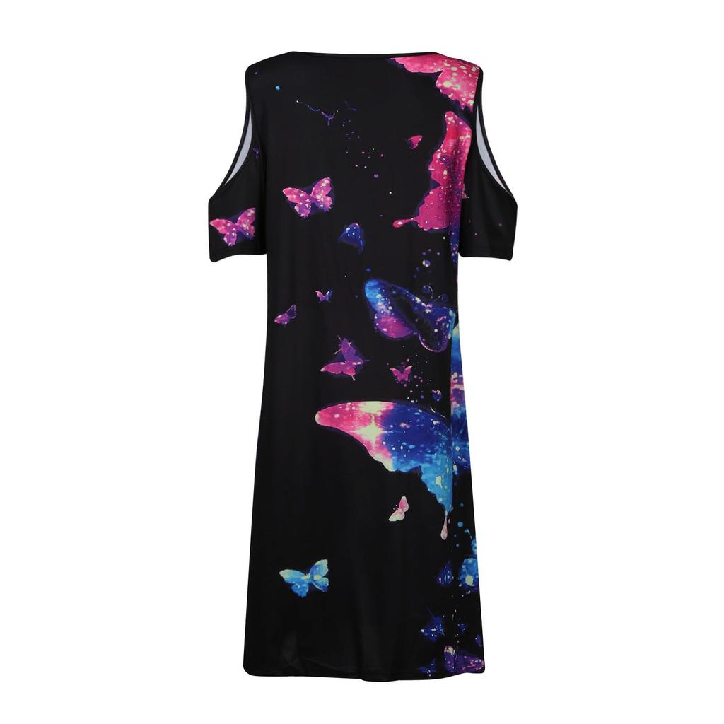 Women's Fashion Mid-waist V-neck Off-the-shoulder Printed Butterfly Temperament Mid-length Round Hem Dress