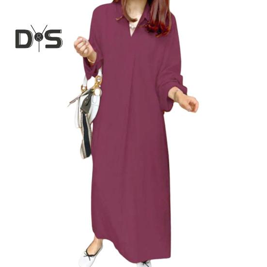 Damska jesienna sukienka wiosenna Luźne klapy, długi rękaw, jednolity kolor, dekolt w serek, Miękka, oddychająca, oversize, prosta sukienka do kostek, Casualowa sukienka maxi