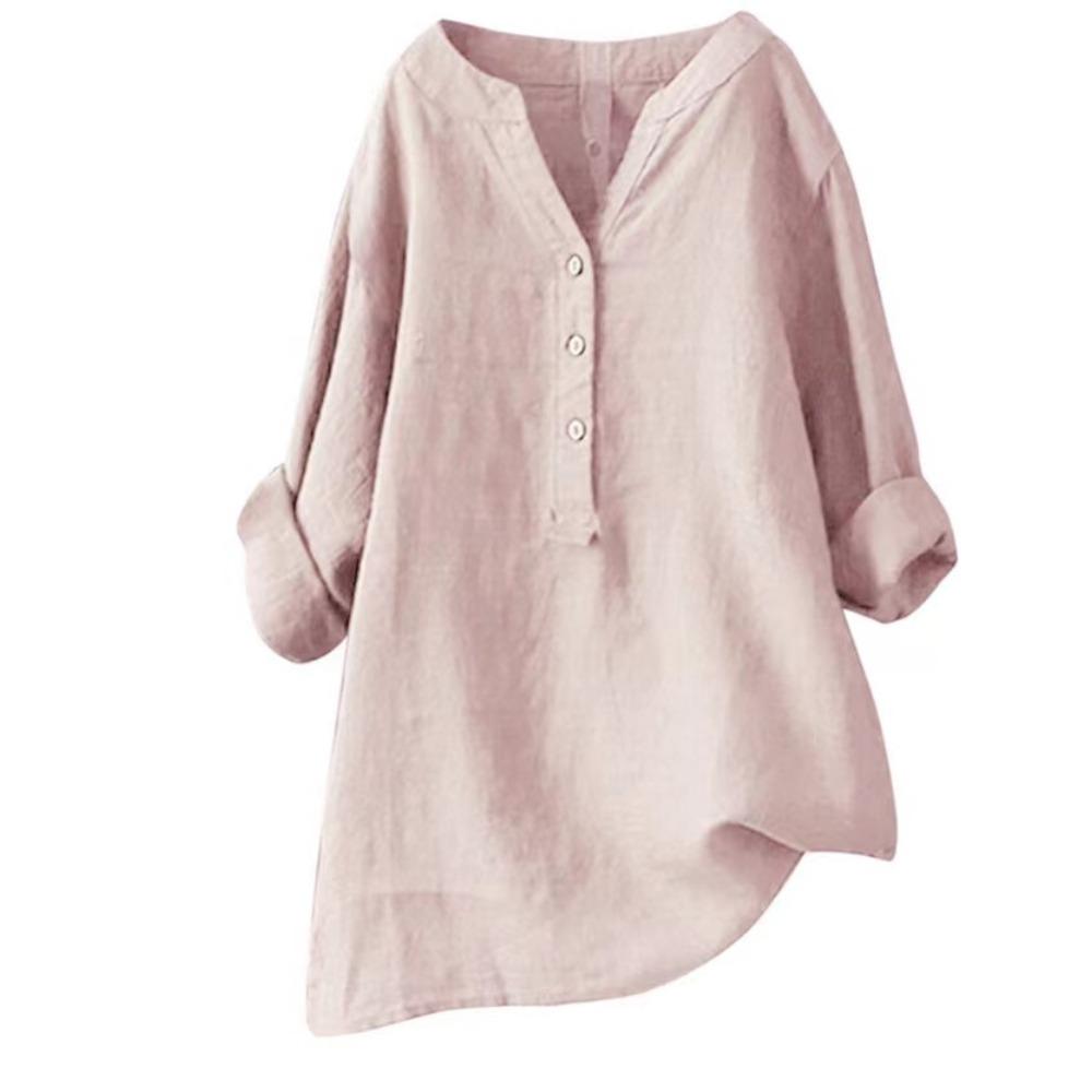 Women's V Neck Long Sleeve Linen Shirt Loose Fit Casual Commuter Blouse for All Occasions