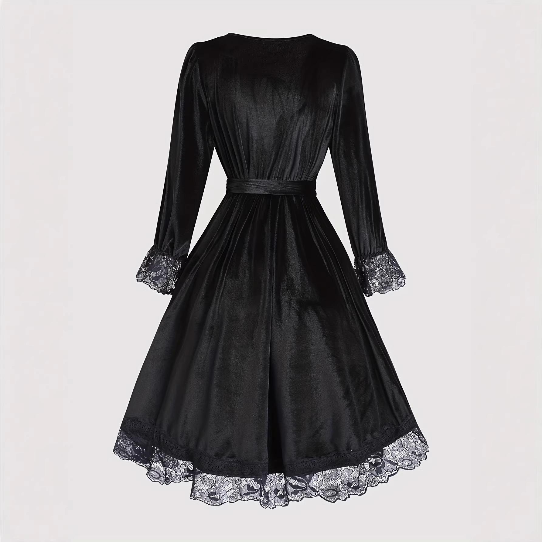 Velvet lace dress women s deep V-neck waist irregular, long dress retro wear sexy and elegant dress group S чёрный