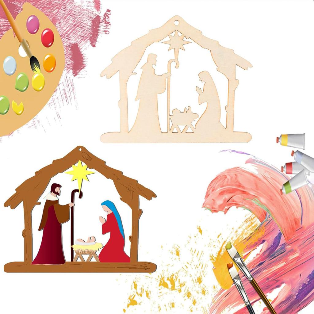 House Shape Wood Chips Nativity Scene Decoration, Wooden Manger Shape Manger Wooden Art Ornament With Rope Exquisite Decoration