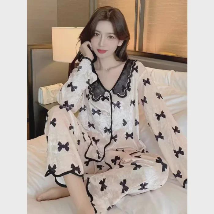 Women's Gold Velvet Pajama Set - Apricot, Long Sleeve, Heart Print