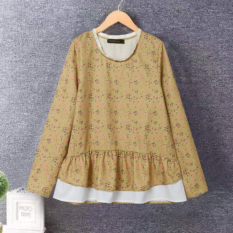ZANZEA Women Casual Round Neck Long Sleeve Floral Print Contrast Color Blouses