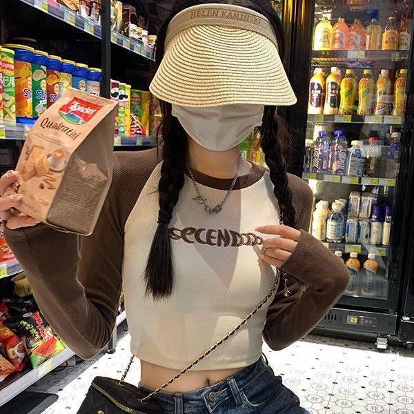 Spice girl navel short embroidery contrasting color splicing T-shirt early autumn shoulder BM style design sense long sleeve tight top women