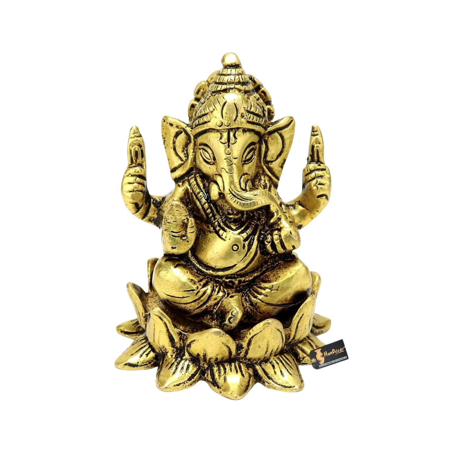 Lord Ganesha On Lotus Showpiece, Ganesh Ji, Ganpati Ji Statue, Brass, Gold Idol