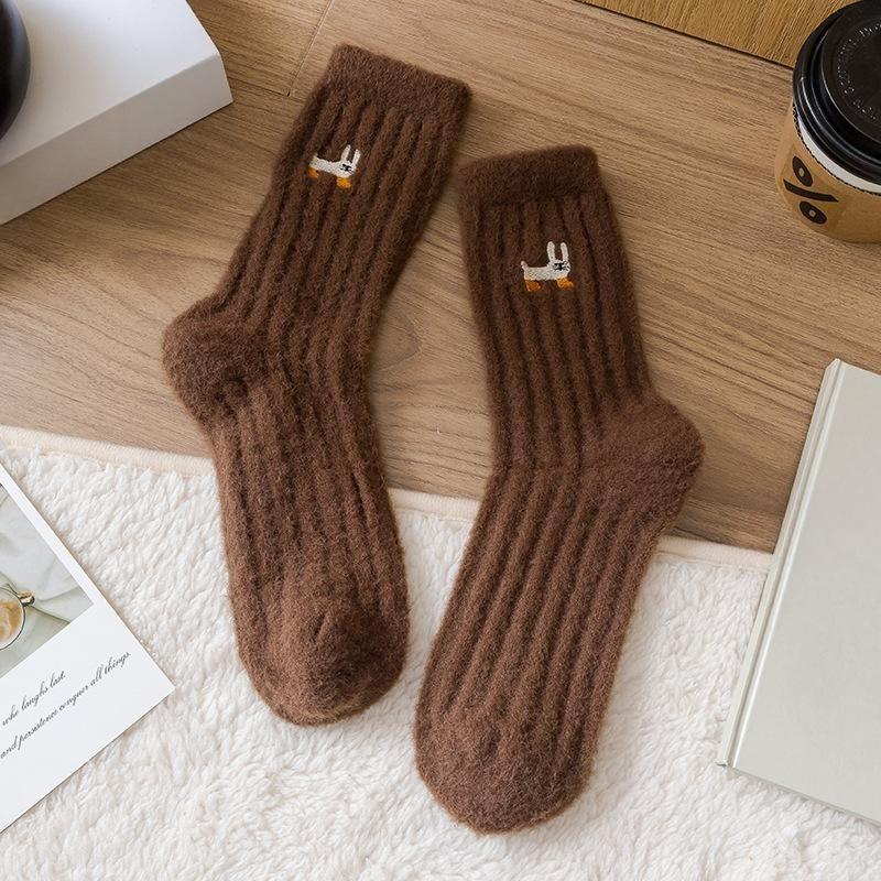 Female Winter Thickened Embroidery Warm Solid Color Vertical Bar Floor Sleeping Tube Socks