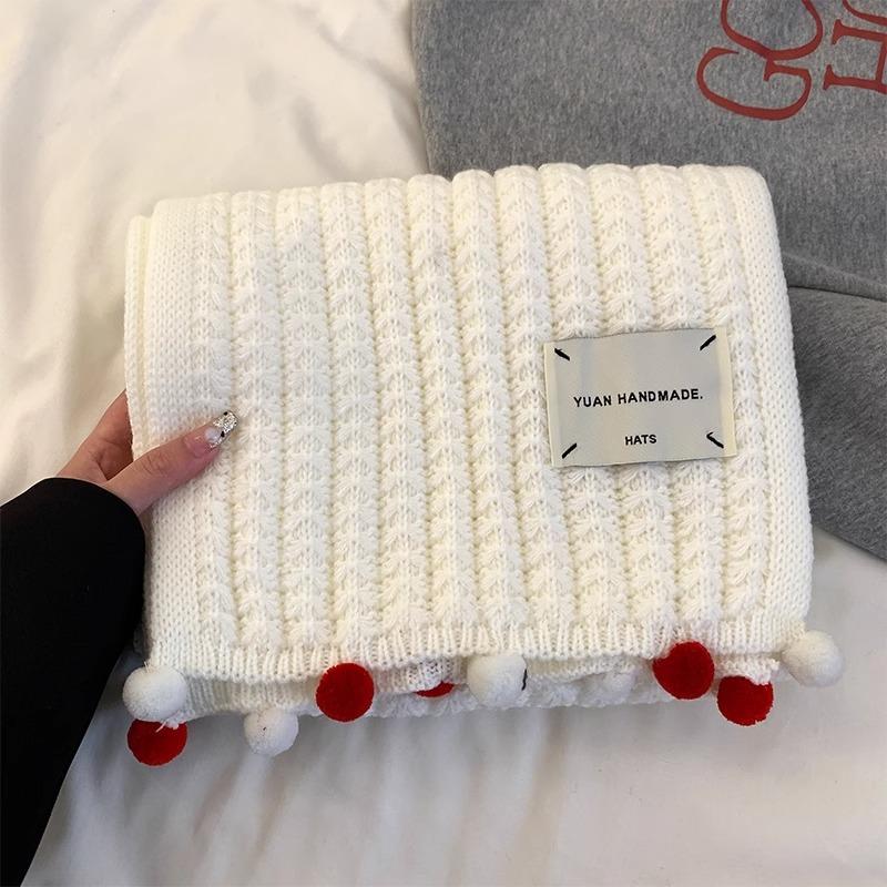Women's autumn and winter versatile ball warm wool scarf New Christmas red knitted scarf for girls