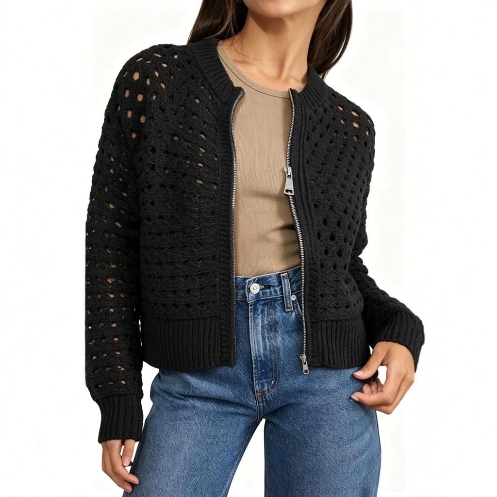 Maglione da Donna Versatile con Zip e Lavorazione a Intreccio - Design Semplice e Confortevole