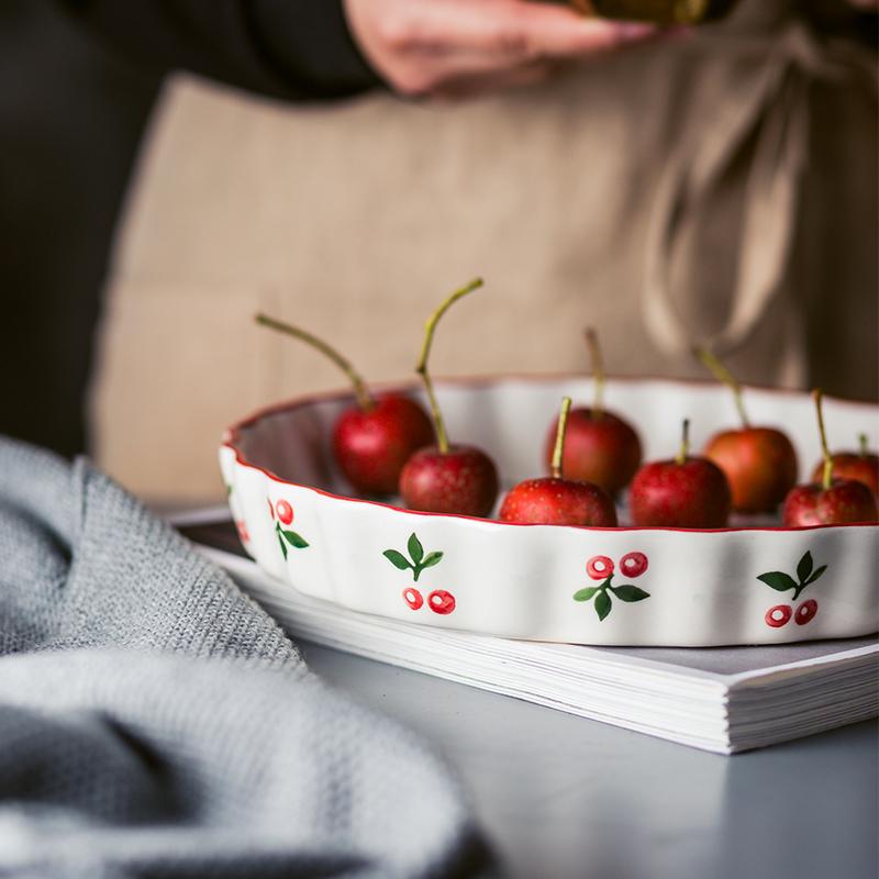 9.6 Inch Red Cherry Baking Plate Ceramic Dinner Dishes Pasta Rice Backed Plate Baking Tray Ovenware Dinner Plate