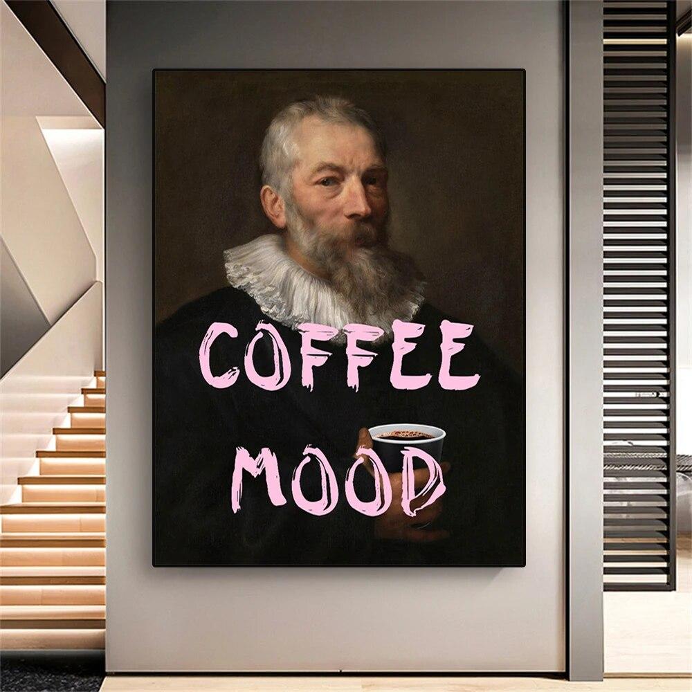 Modern Art Poster Coffee Mood Funny Alter Art Prints Portrait Man with Coffee Cup Canvas Painting Pink Quote Baroque Wall Decor
