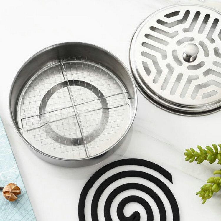 Popielniczka ze stali nierdzewnej z pokrywą, okrągła, wielofunkcyjna, uchwyt na spirale komary, ząbkowany uchwyt siatkowy, palenisko na kadzidła