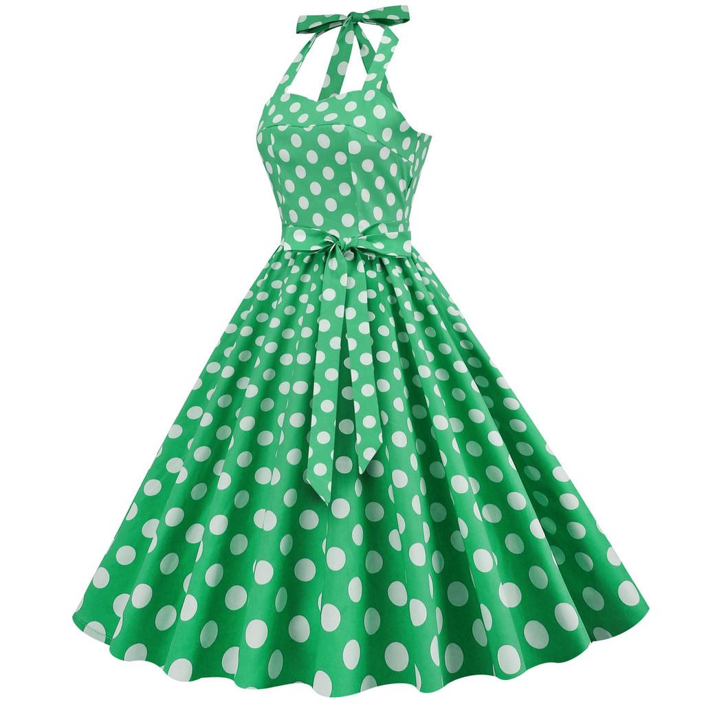 Vintage Polka Dot Cotton Dress With Tie Back And Offshoulder Design For Women