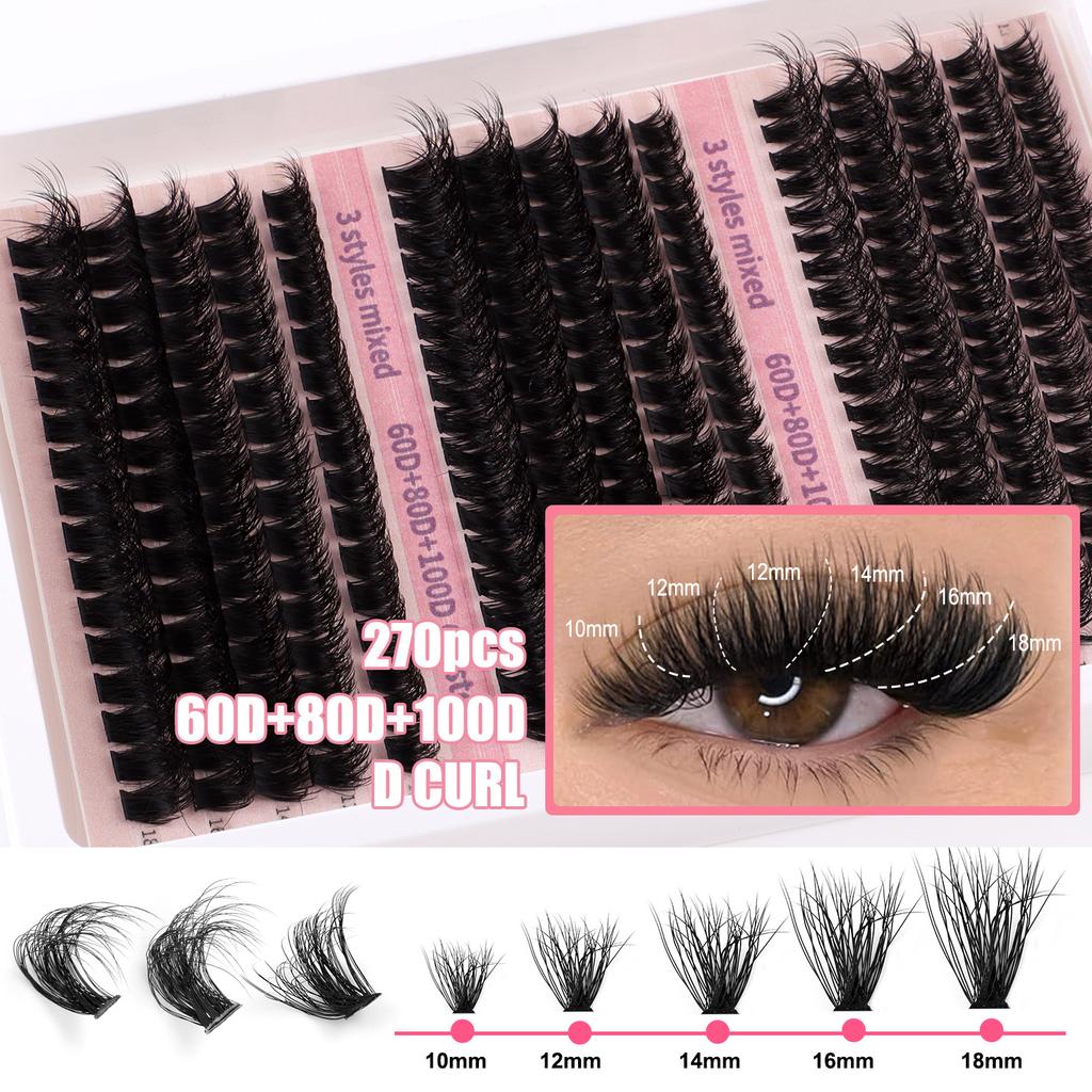 Diy False Eyelash Extension Set, Single Tuft Of Hair 270 Tufts Of Thick 60D + 80D + 100D Eyelashes