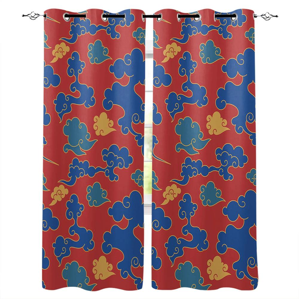 Günstige Rote Glückverheißende Wolke Schwarzer Hintergrund Bedruckte Fenstergardinen Wohnzimmer Schlafzimmer Vorhänge Polyesterstoff Heimdekor 2 Stück W50 X H130(CM)X2&Grommet Top