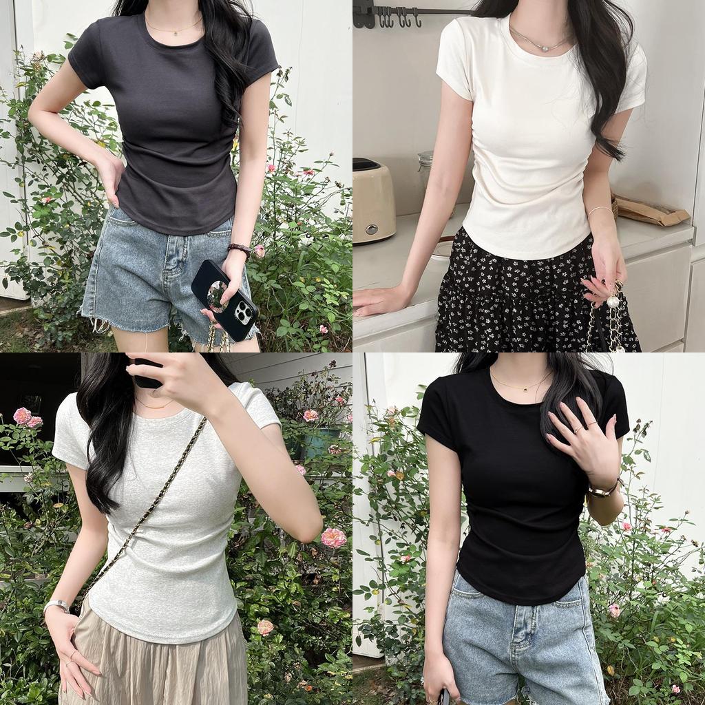 Cotton Short Sleeve T Shirt For Women With Pleated Design And Slim Fit For Casual Wear