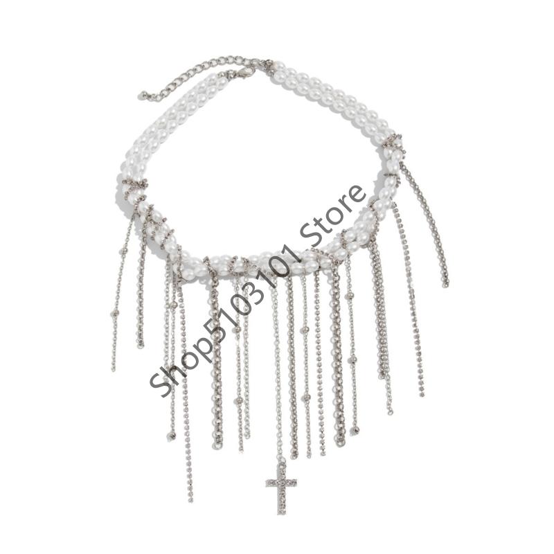 X6HE Sweet Cool Heart Star Moon Tassels Pendant Necklace For Women Fashion Jewelry Collarbone Length Imitation Pearls