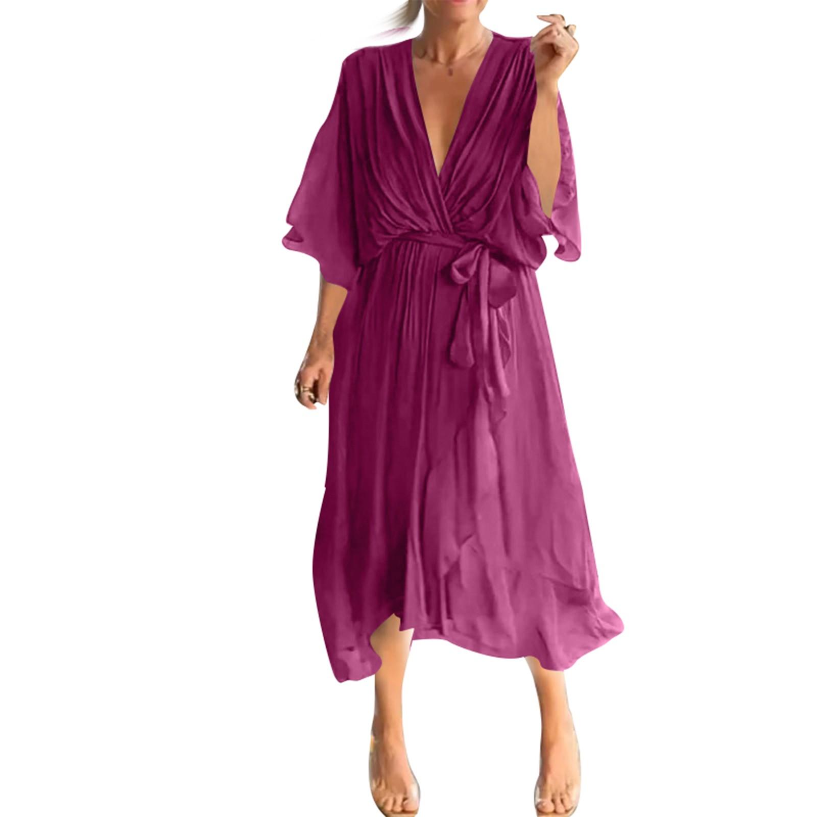 

Жіночі сукні з рукавами сім восьмих, вільні повсякденні легкі асиметричні сукні великих розмірів XXXL винний