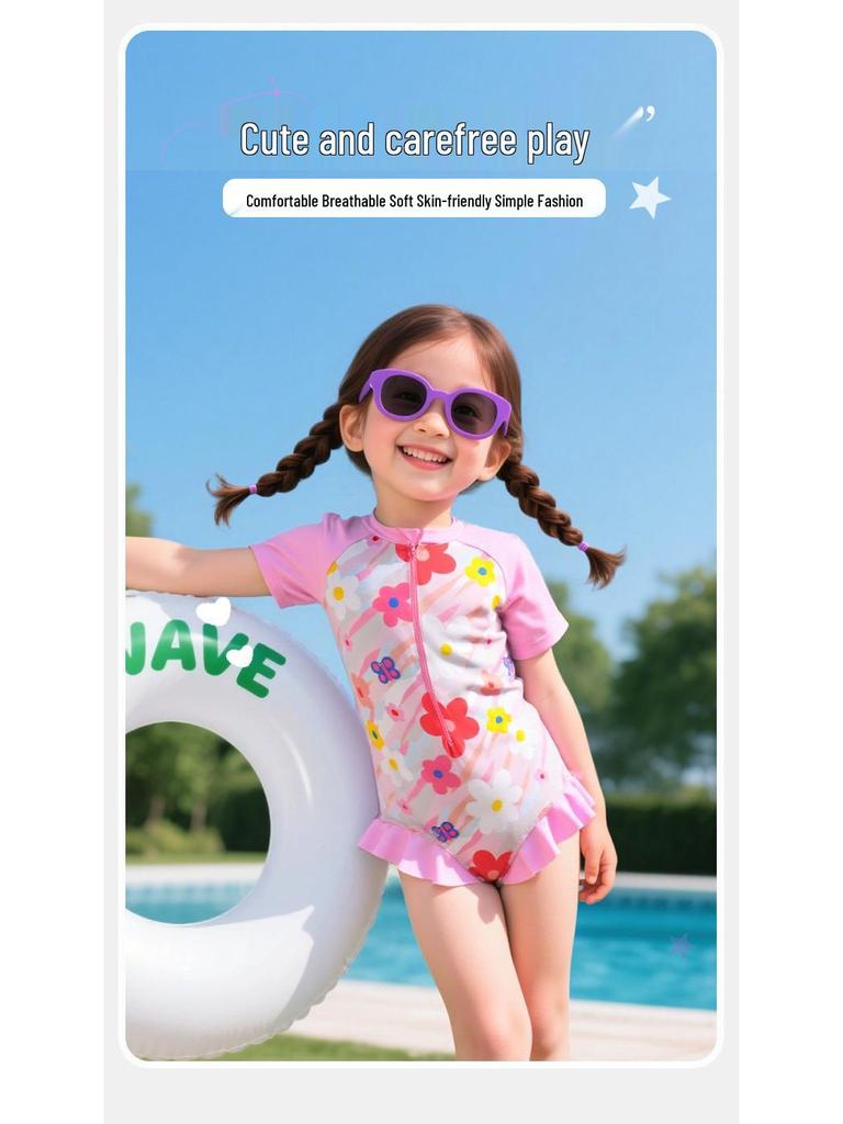 Girls' Cute Pink Floral One-Piece Swimsuit