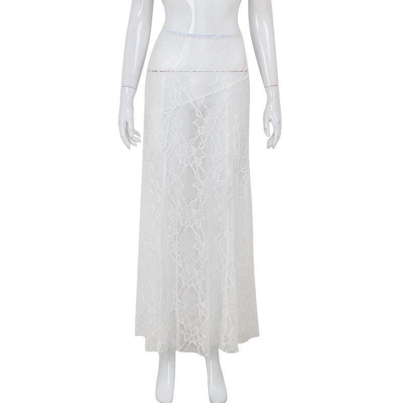 

Transition Sexy European and American New Arrival Fashionable All-Match Lace See-through Long Skirt Sexy Low Waist Skirt for Women White L