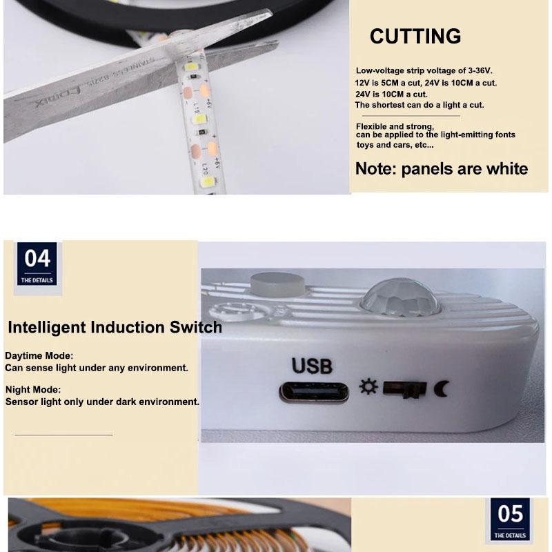 5V 2835 LED Motion Sensor Light Strip Waterproof Cabinet Night Light 1M/2M Tape Light For Indoor Bedroom Wardrobe Stair Lighting