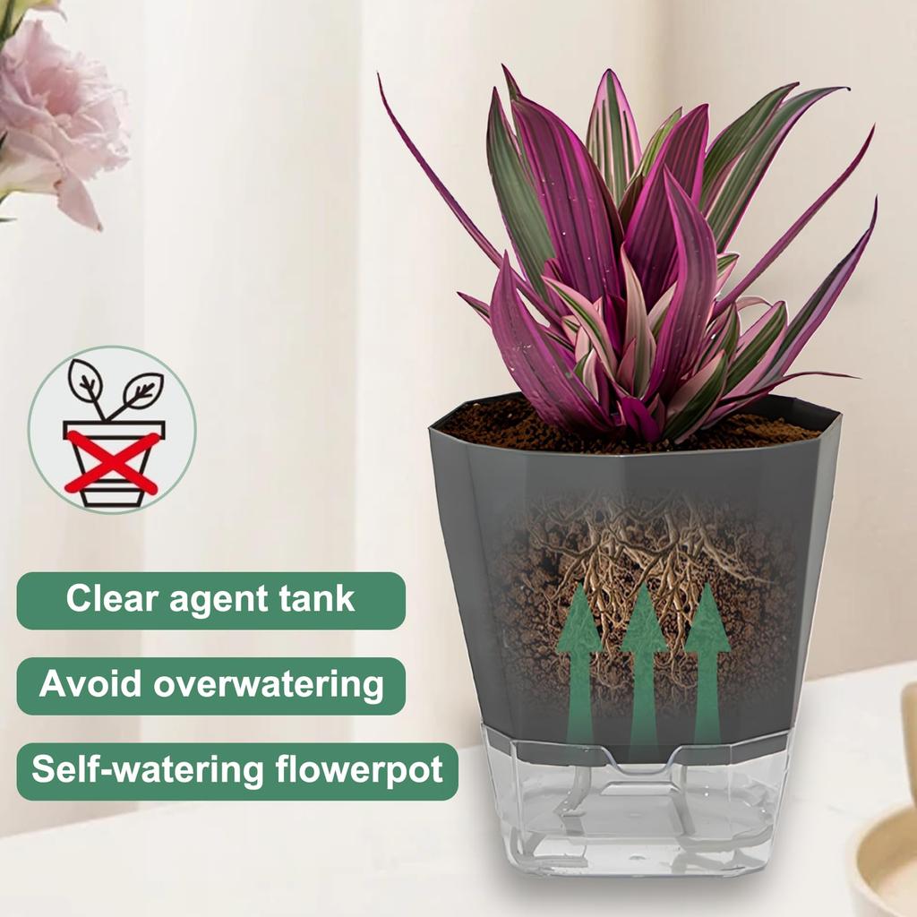 Automatic water supply planter for bottom water supply set of with water supply suitable for indoor and outdoor growing and dark gray houseplants,
