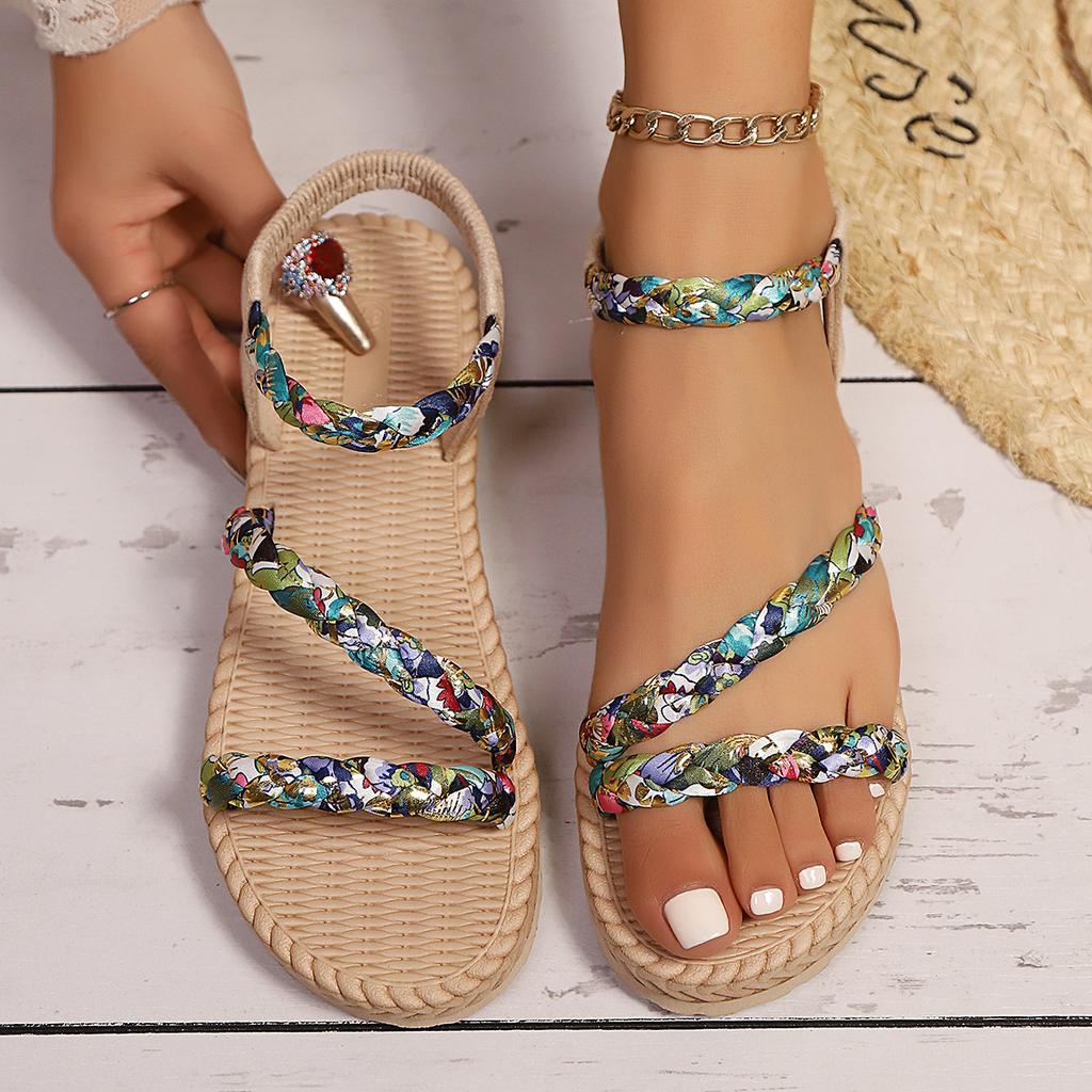 Floral Printing Flat Sandals for Women Summer Lightweight Slip On Beach Shoes Woman Band Sandalas