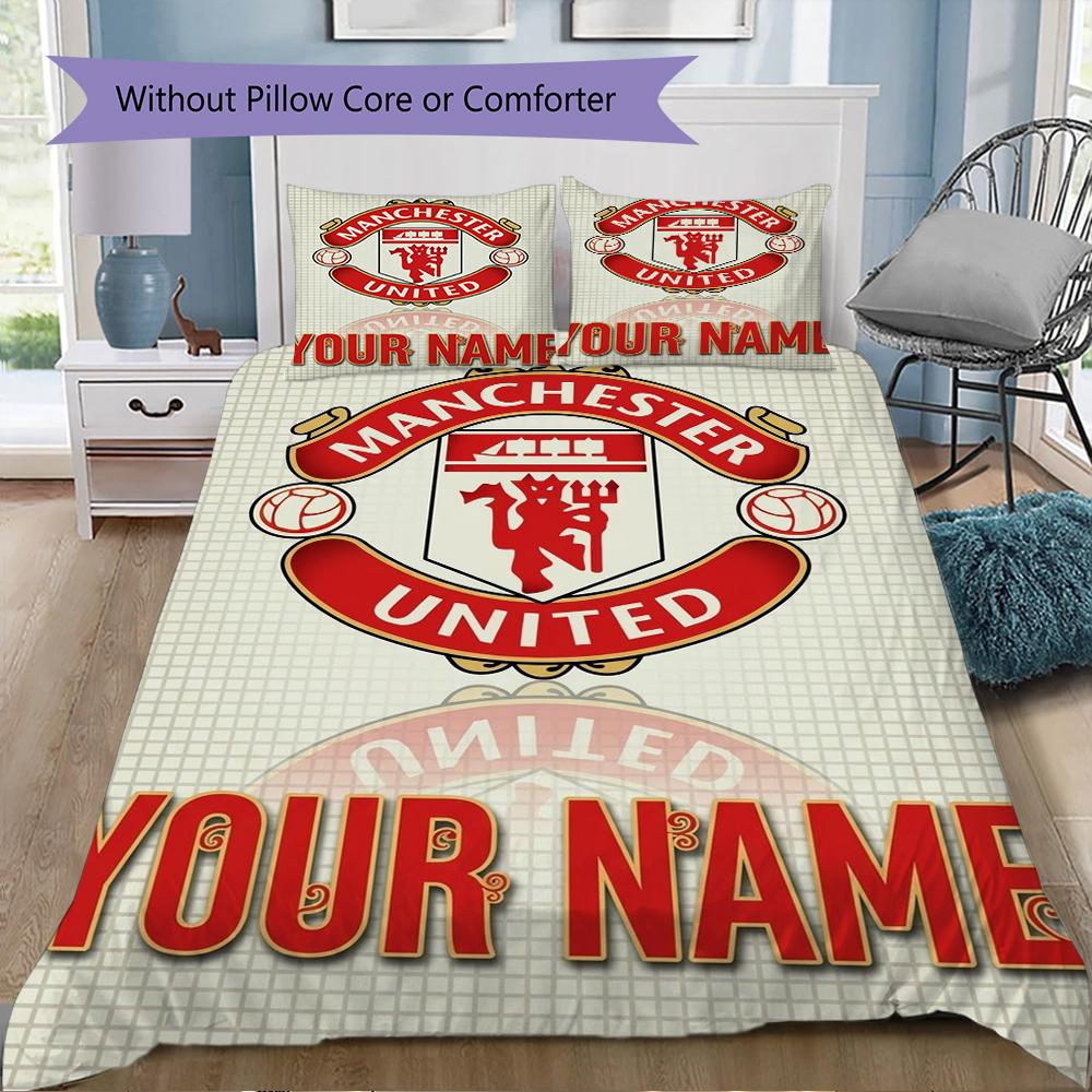 Custom Name Manchester United Pattern Bedding uilt Set uilt Cover Pillowcase Home Decoration Birthday Gift (1*duvet cover+2*pillowcase without core)