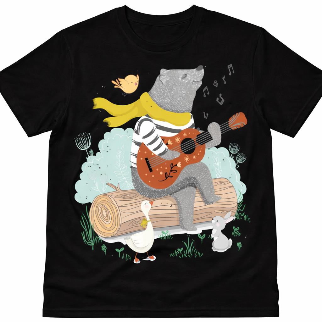 Rock Bear Guitar T Shirt Cartoon Animal Funny Band Concert Music Tee S