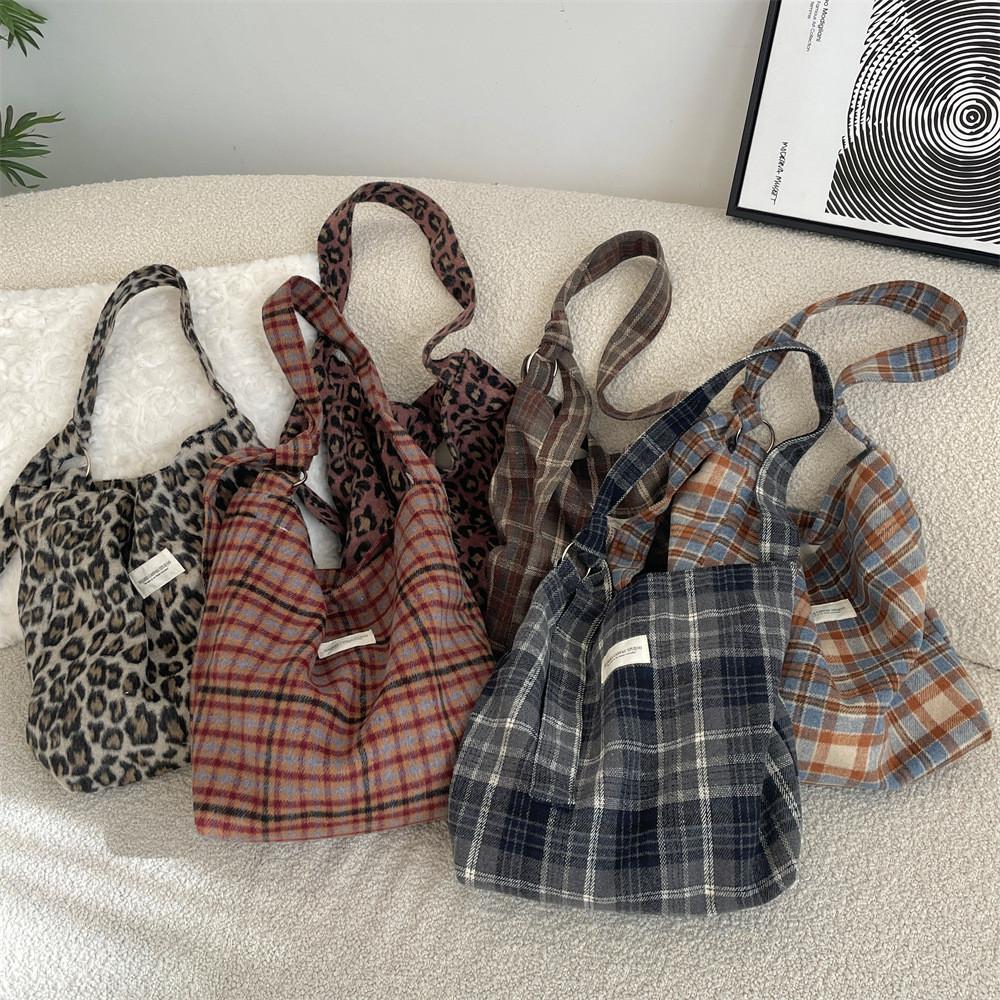 Trendy Checkered Wool And Canvas Shoulder Bag For Daily Casual Outfits