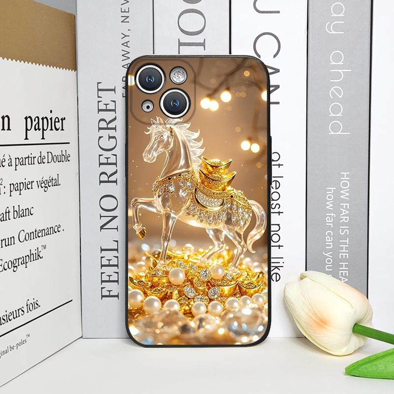 Luxury Crystal Golden Horse Pattern Phone Case for IPhone 17 16 12 11 14 Plus 13 15 Pro Max Mini X XS XR Shockproof Soft Covers