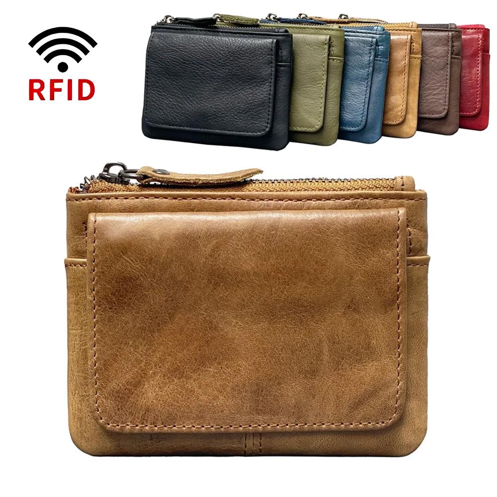 RFID Blocking Retro Genuine Leather Wallet Men's Credit ID Small Card Holder Male High Quality Leather Short Zipper Coin Purse