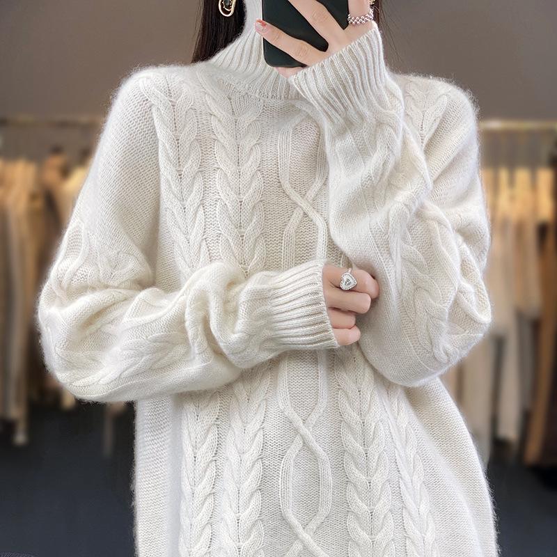Women's High Neck Drop Shoulder Cashmere Sweater - Autumn/Winter New Arrival, Loose Slimming Knit Pullover