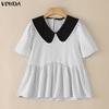 VONDA Summer Women Summer Laple Neck Splicing Polka Dot Short Sleeve Casual Blouse Tops