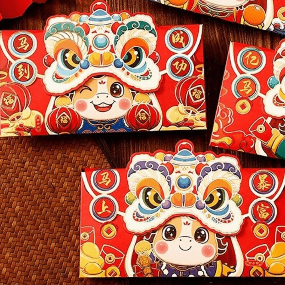 4pcs Cartoon New Year Money Envelope Paper Craft Mixed Pattern Lucky Money Bag Traditional Blessing 2026 Horse Year Red Pockets