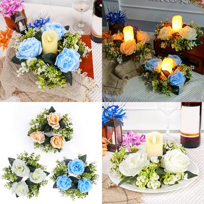 5 Pièces Petits Anneaux de Bougie Couronne de Fleurs Artificielles Faux Roses Bougeoirs Couronnes Centres de Table de Mariage pour Table Fêtes