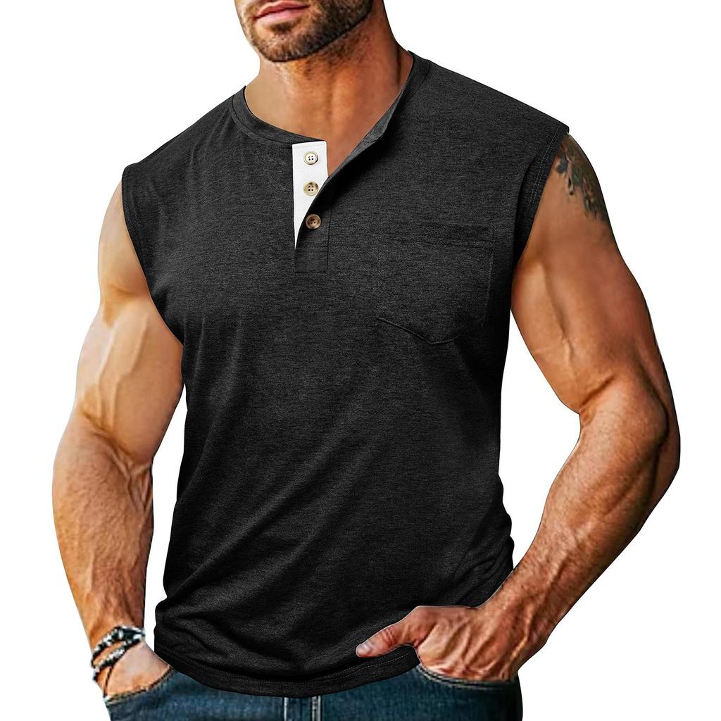 Men’s Sleeveless Tank Tops Henley Collar Button Fitness Vest Summer Sports Casual Holiday Wear T-Shirts