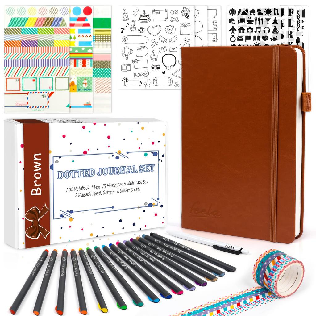 Feela Bullet Journal Synthetic A5 Dot Pen Included Notebook, Leather, Size, Grid, (Brown)