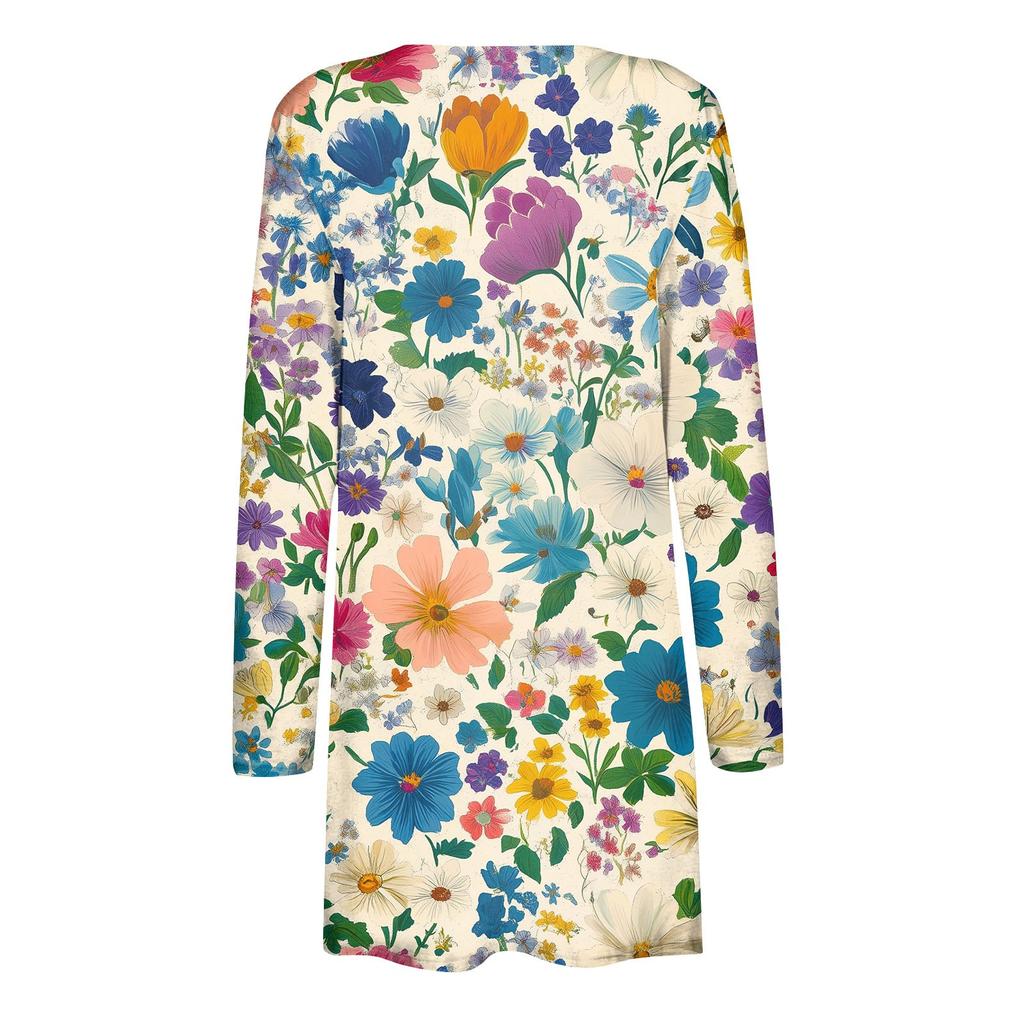 Dam Casual Mode Blommig Tryck Långärmad Mellanlång Kofta Jacka