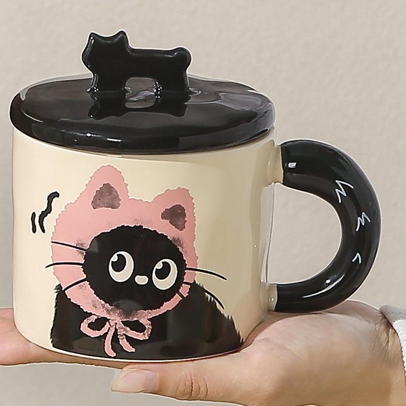 Cute Hat Cat Mug with Lid Cute Cartoon Animal Ceramic Cup Office Home Coffee Water Cup