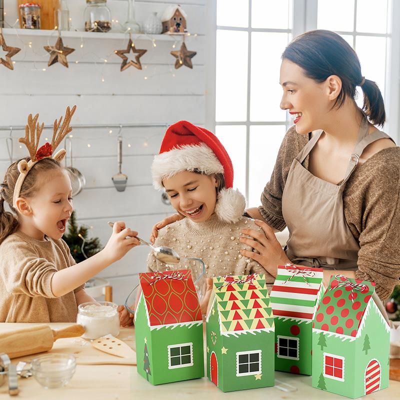 12Pcs Christmas Gift Box House Shape Candy Cookie Packaging Supplies Xmas Tree Ornaments Home Decoration 2025 Navidad New Year