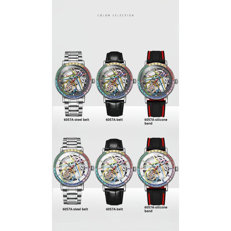Dulunwe Regenbogenfarbene Edelstein-Tourbillon-Mode-Skelettuhr für Herren, wasserdicht bis 30 m, Sportuhren, luxuriöse automatische mechanische Armbanduhr