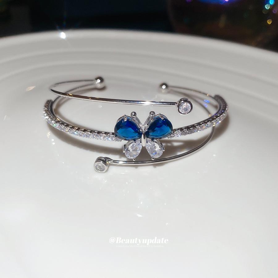 Elegant Zircon Butterfly Water Drop Open Bracelet: Three-Layer Design for Women