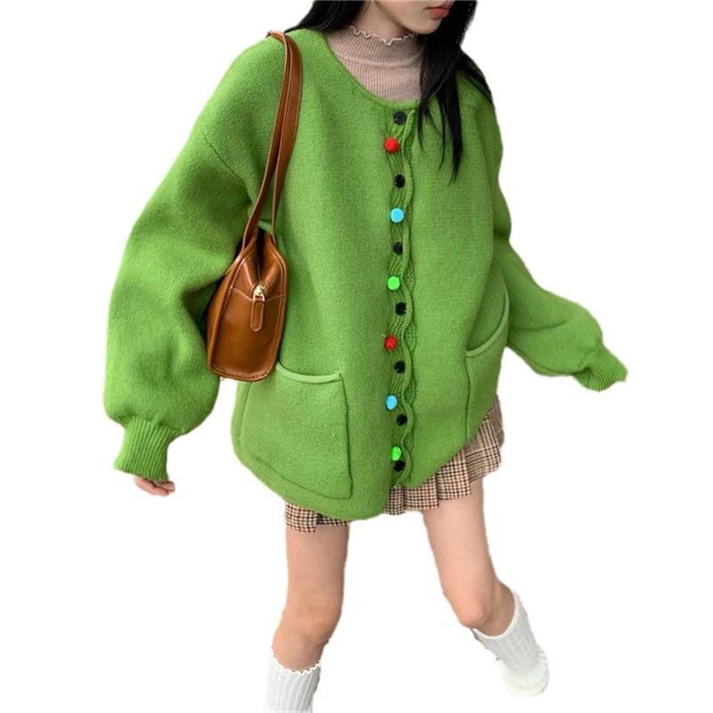 Large Color Wool Ball Knitted Cardigan for Women In Autumn and Winter, Retro Loose and Slimming Design, Sweater Jacket