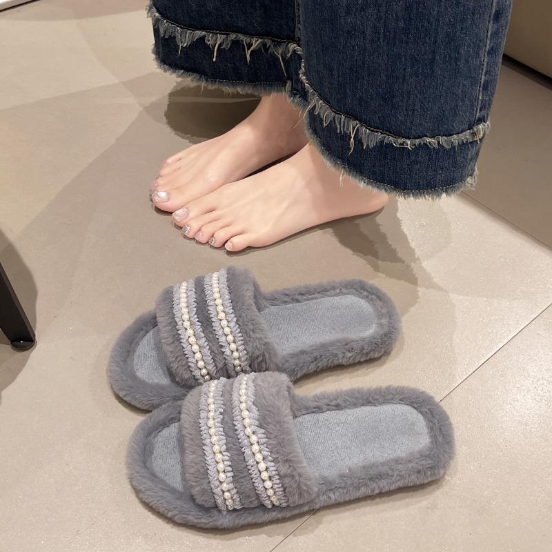 Fashion 2025 New Home Slippers Women's Rubber Flip Flops Luxury Slides Flock String Bead Shoes Low Platform Designer Cotton Slippers