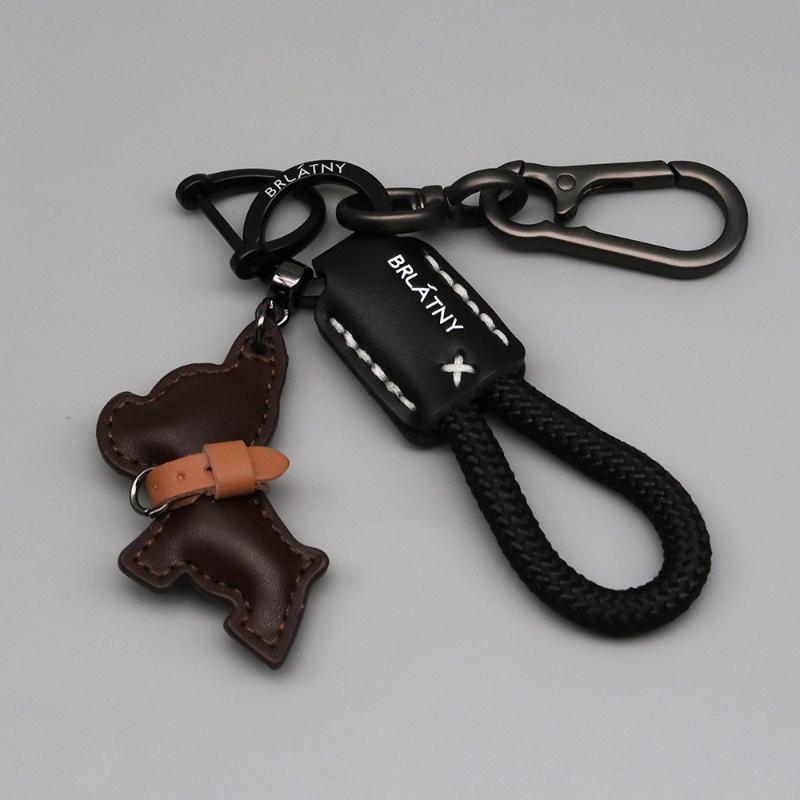 French Bulldog Keychain Handmade Genuine Leather, Braided Rope Key Chain with Anti-Loss Strap for Women Men, Car Key Organize