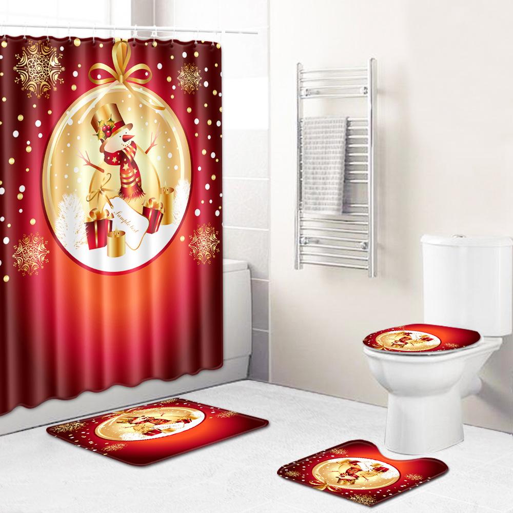 Christmas Shower Curtain Floor Mat Combination Four-Piece Set Bathroom Toilet Carpet Shower Room Mat Foot Mat