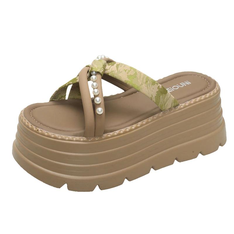 Fashion 8CM High Platform Slippers Women 2025 Summer New Thick-soled Ladies High Heels Beach Sandals Pearl Silk Ethnic style Flip Flops