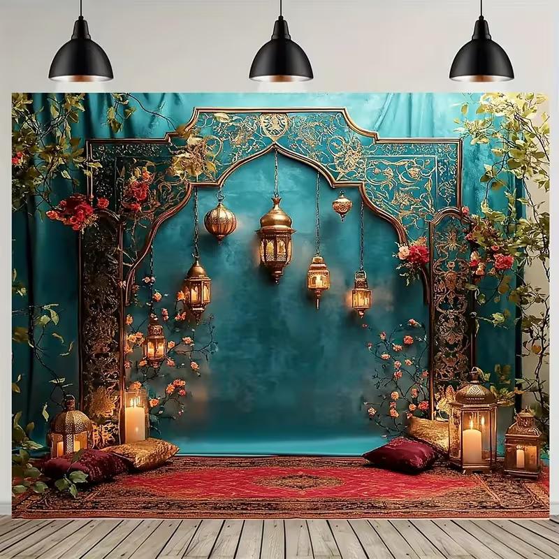 

2D Arabian Nights Party Backdrop Teal Curtain and Floral Decor Background Cloth 47.2x31.5inch/120*80cm