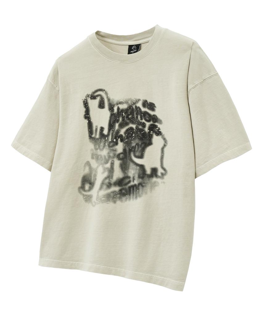 MOZMOZ Lettering Cat Oversized Pigment Short Sleeve T-Shirt Beige